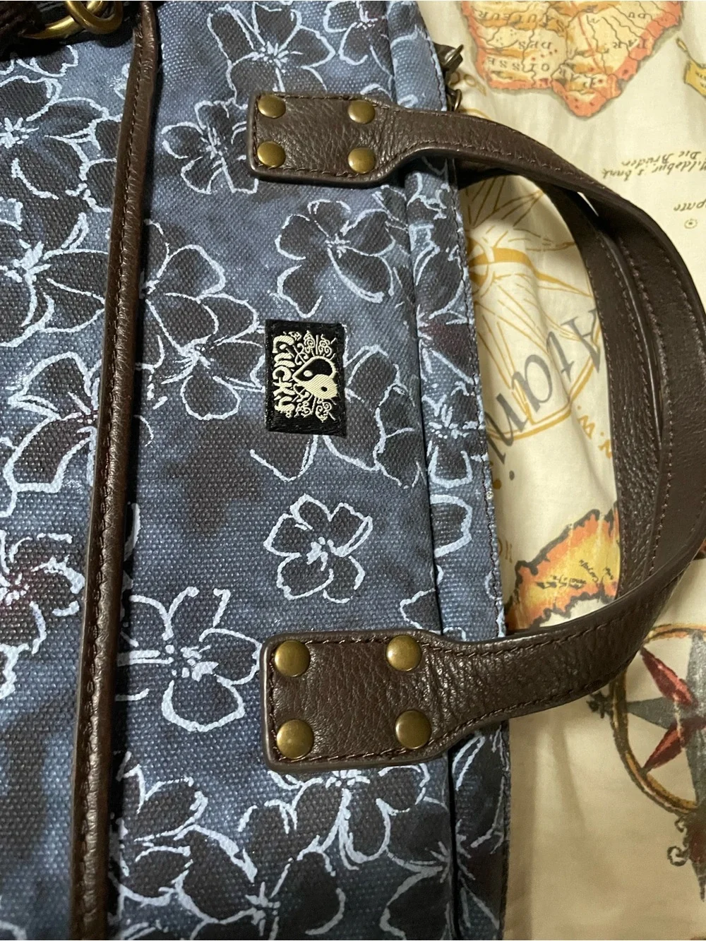 Lucky Brand Navy Floral Canvas Laptop Messenger Bag
